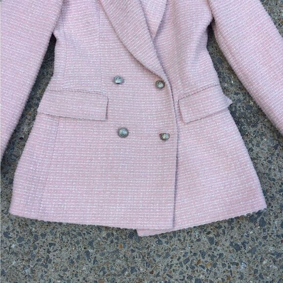 ZARA TEXTURED TWEED DOUBLE BREASTED BLAZER PINK - Picture 7 of 9